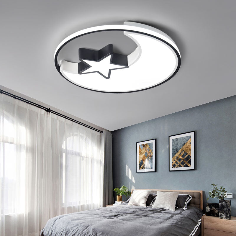 Modern LED Flush Mounted Lamp: Black Crescent and Star Ceiling Light with Acrylic Shade for Kids