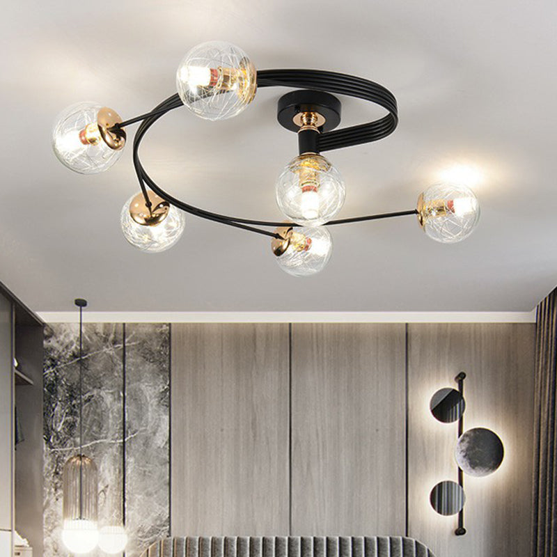 Black Glass Sphere Semi Flush Ceiling Mount Lamp with Elegant Spiral Design