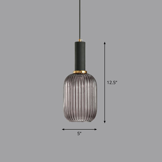 Minimalist Pendulum Light Fixture - Ribbed Glass, Bottle Shaped Design - 1-Light Dining Room Hanging Light