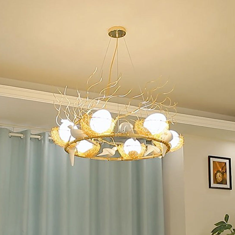 Artistic 3-Light Beige Nest And Egg Island Hanging Light With Cream Glass Shade
