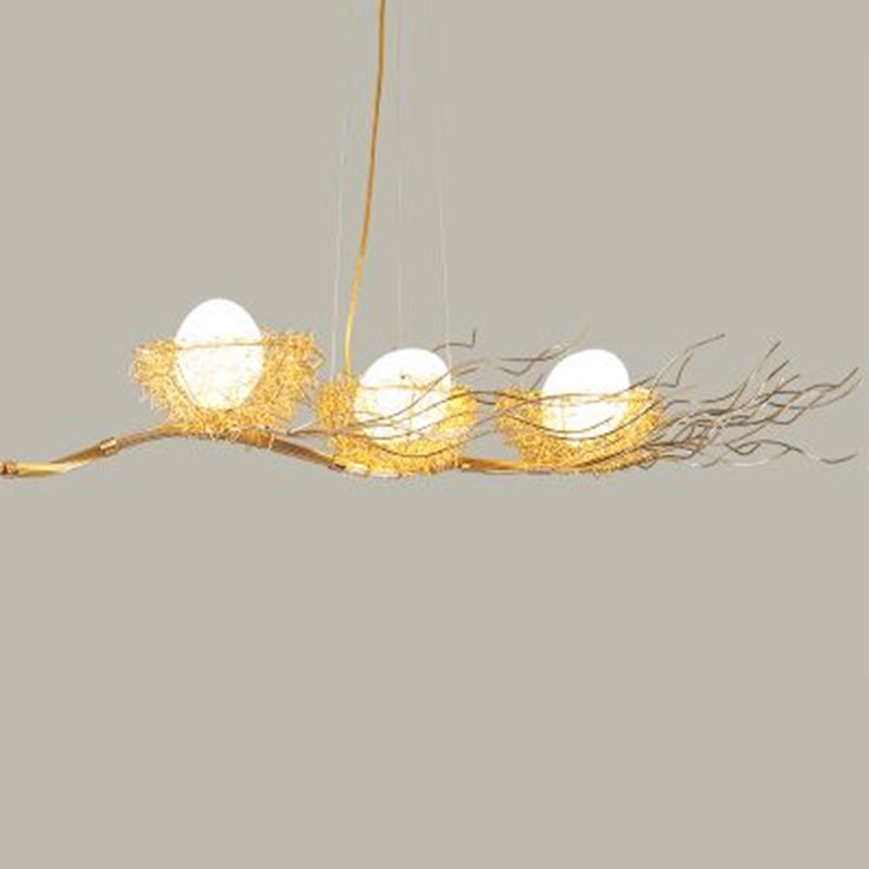 Artistic 3-Light Beige Nest and Egg Island Pendant with Cream Glass Shade
