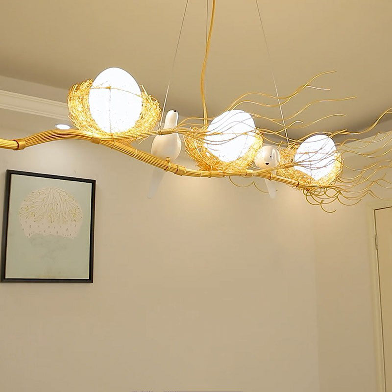 Artistic 3-Light Beige Nest and Egg Island Pendant with Cream Glass Shade