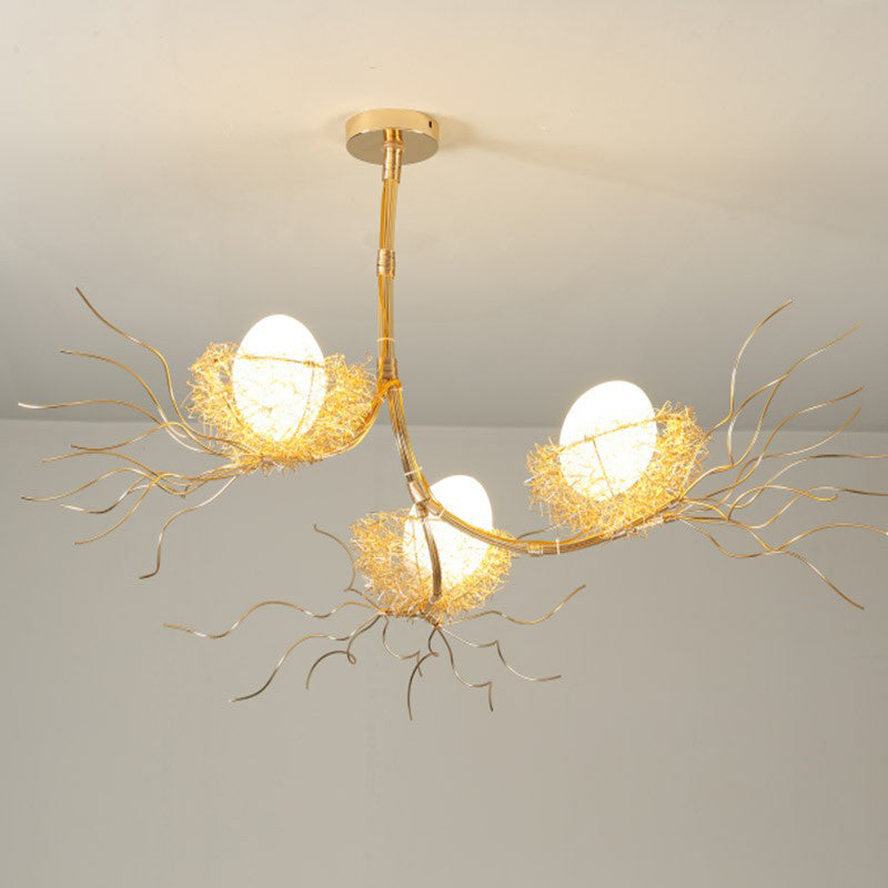 Artistic 3-Light Beige Nest and Egg Island Pendant with Cream Glass Shade
