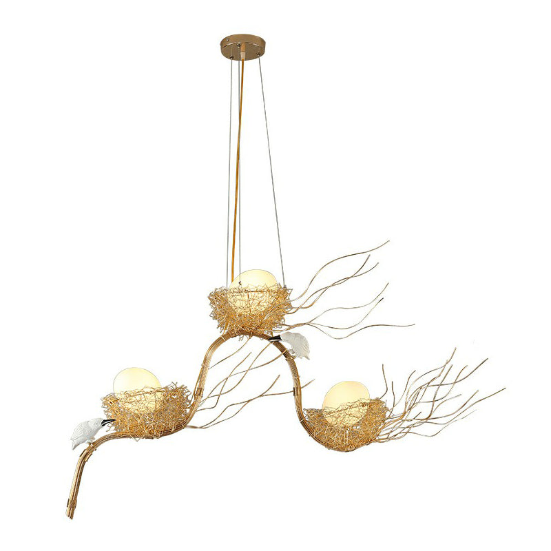 Artistic 3-Light Beige Nest and Egg Island Pendant with Cream Glass Shade