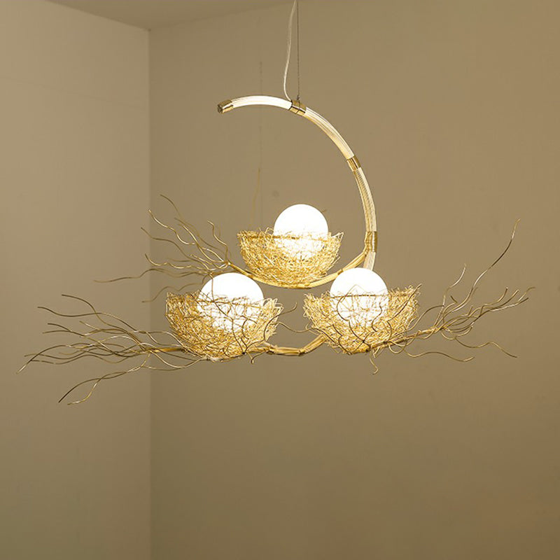 Modern Nest Pendant Light In Beige Aluminum - 3 Heads Chandelier Fixture For Dining Room