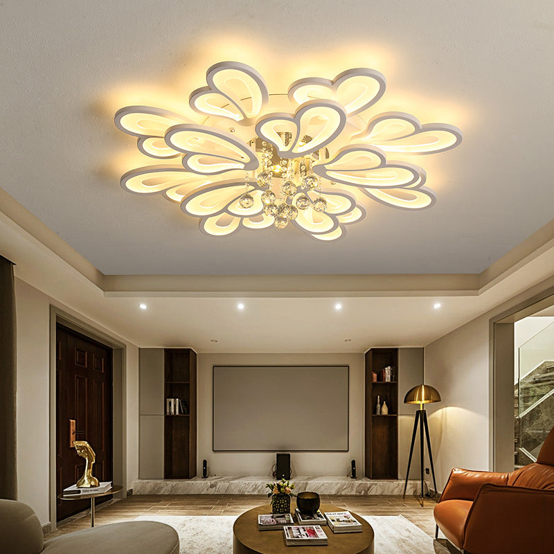 White Flower Flush Ceiling Light - LED Acrylic Lamp with Crystal Ball