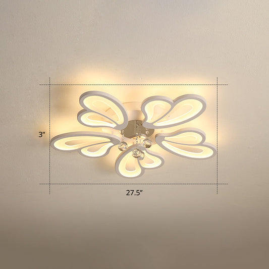 White Flower Flush Ceiling Light - LED Acrylic Lamp with Crystal Ball