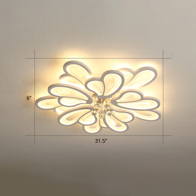 White Flower Flush Ceiling Light - LED Acrylic Lamp with Crystal Ball