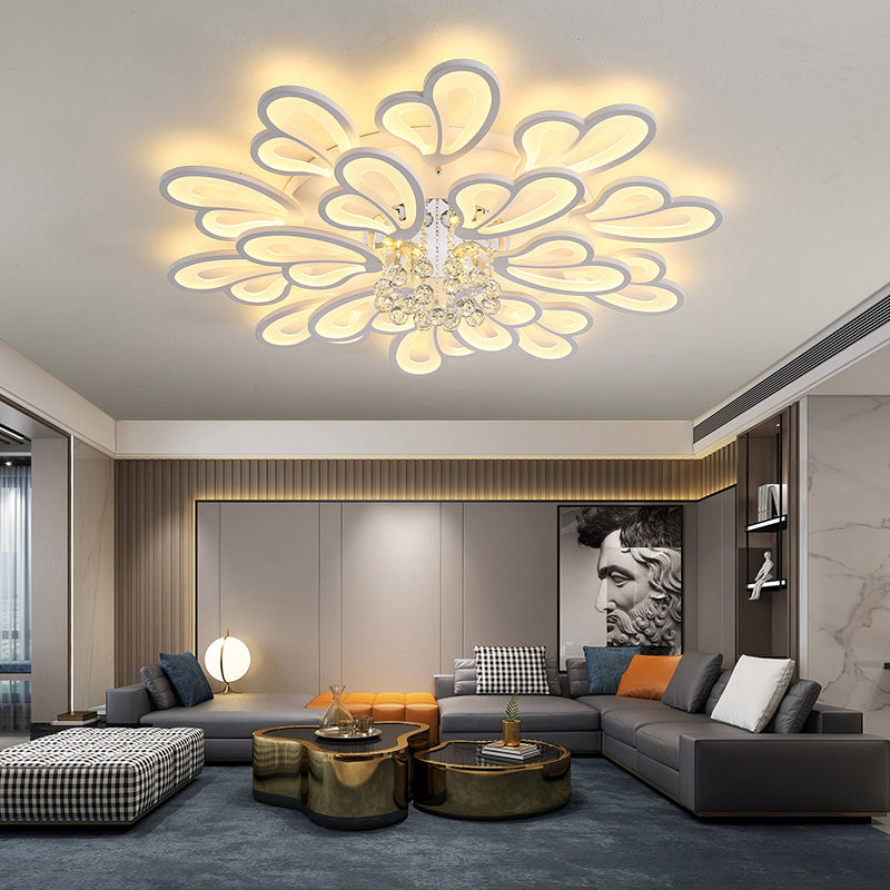 White Flower Flush Ceiling Light - LED Acrylic Lamp with Crystal Ball