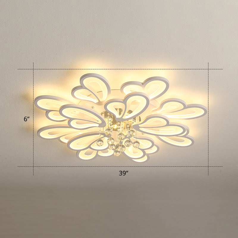 White Flower Flush Ceiling Light - LED Acrylic Lamp with Crystal Ball