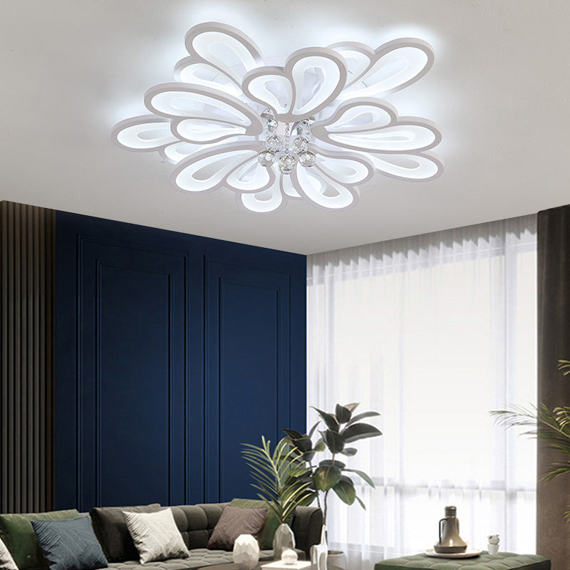 White Flower Flush Ceiling Light - LED Acrylic Lamp with Crystal Ball
