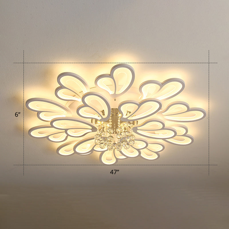 White Flower Flush Ceiling Light - LED Acrylic Lamp with Crystal Ball