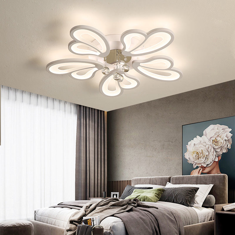 White Flower Flush Ceiling Light - LED Acrylic Lamp with Crystal Ball