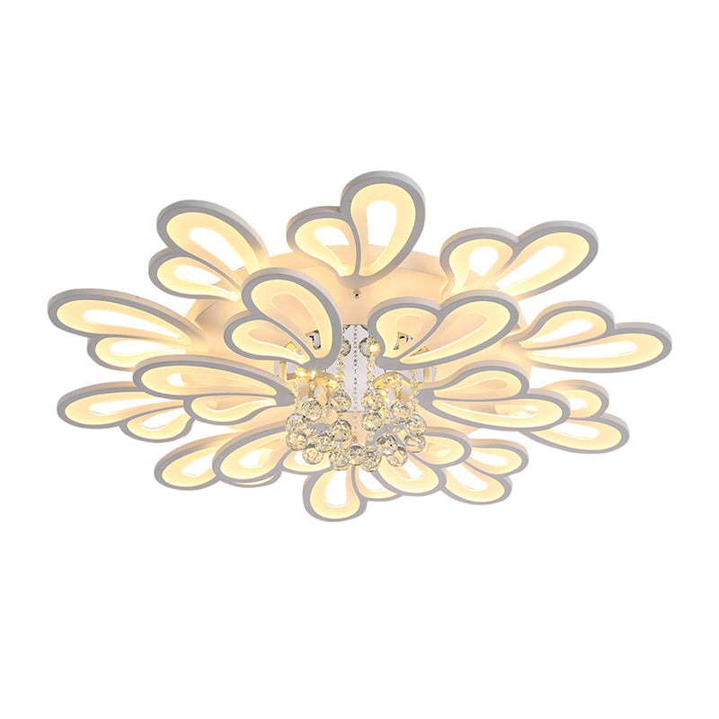 White Flower Flush Ceiling Light - LED Acrylic Lamp with Crystal Ball