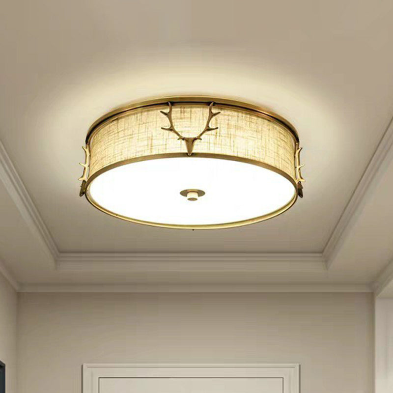 Plafonnier de style nordique avec motif décoratif en bois de cerf pour hall d'entrée - Plafonnier à tambour en tissu