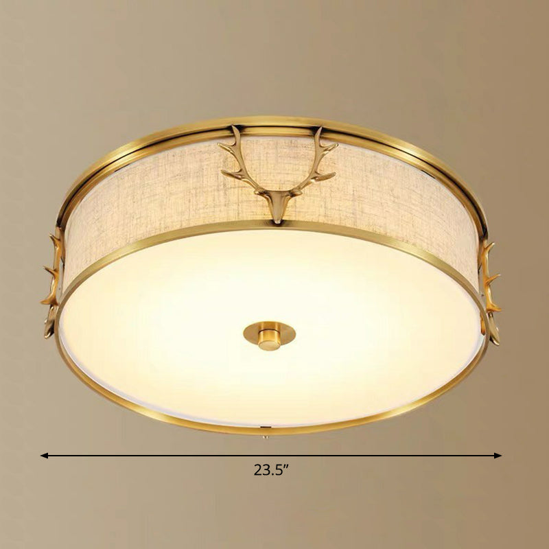 Plafonnier de style nordique avec motif décoratif en bois de cerf pour hall d'entrée - Plafonnier à tambour en tissu