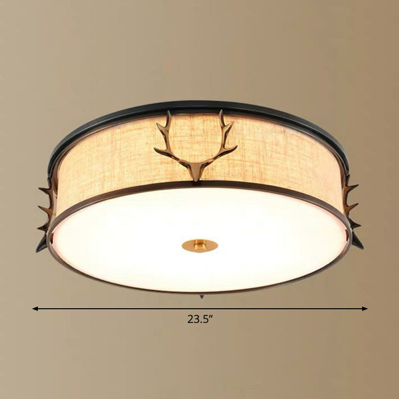 Plafonnier de style nordique avec motif décoratif en bois de cerf pour hall d'entrée - Plafonnier à tambour en tissu