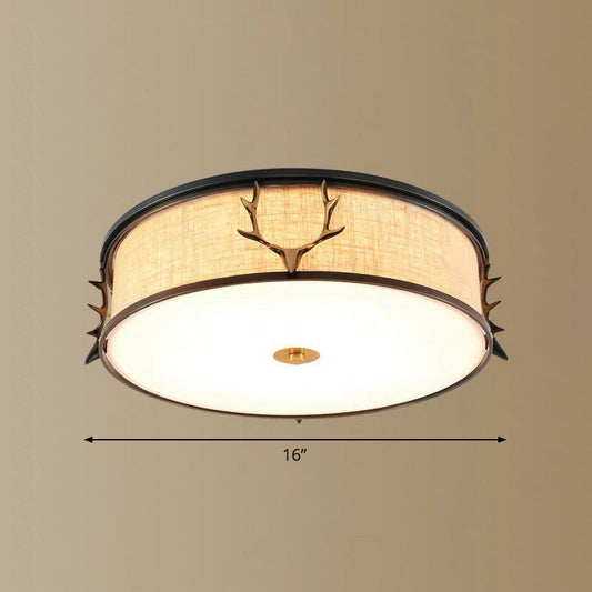 Nordic Style Ceiling Flush Light with Decorative Antler Design for Foyer - Fabric Drum Flush Light