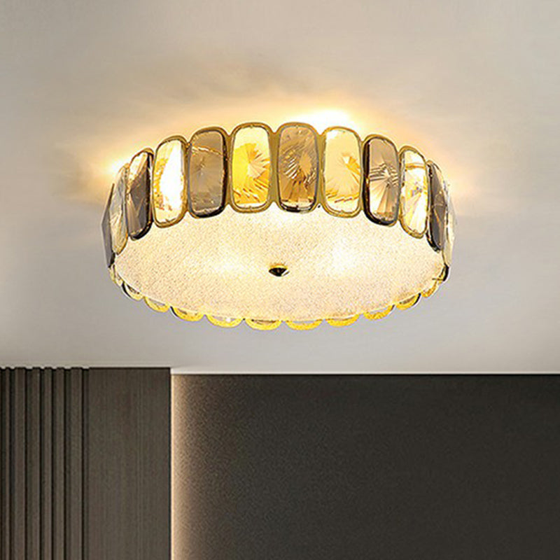 Postmodern Drum Ceiling Flush Light Fixture with Smoky and Amber Crystal, LED Flush Mount in Brass for Living Room