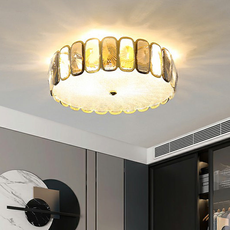 Postmodern Drum Ceiling Flush Light Fixture with Smoky and Amber Crystal, LED Flush Mount in Brass for Living Room