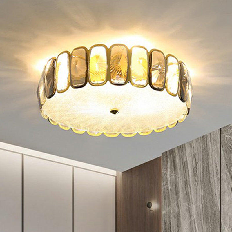 Postmodern Drum Ceiling Flush Light Fixture with Smoky and Amber Crystal, LED Flush Mount in Brass for Living Room