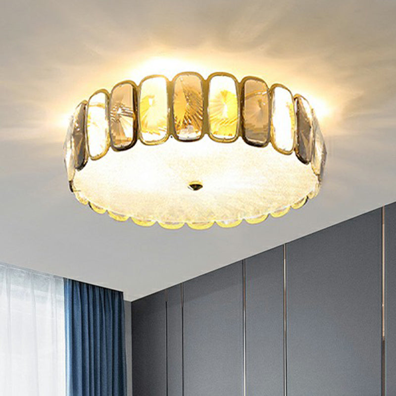Postmodern Drum Ceiling Flush Light Fixture with Smoky and Amber Crystal, LED Flush Mount in Brass for Living Room