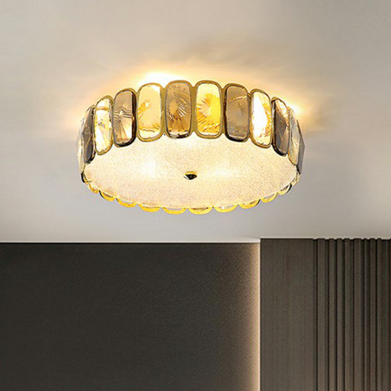 Postmodern Drum Ceiling Flush Light Fixture with Smoky and Amber Crystal, LED Flush Mount in Brass for Living Room
