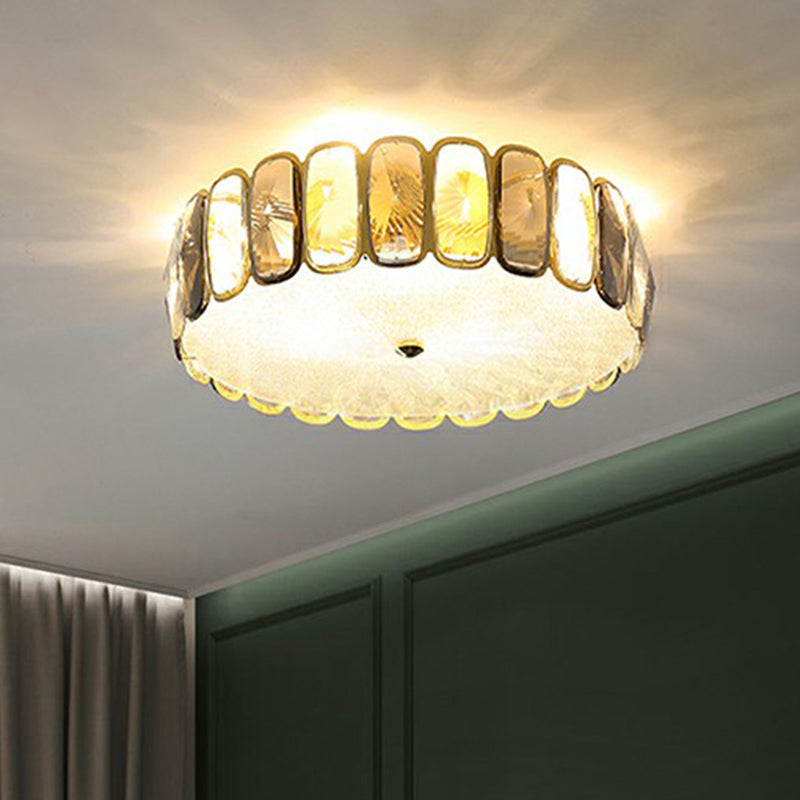 Postmodern Drum Ceiling Flush Light Fixture with Smoky and Amber Crystal, LED Flush Mount in Brass for Living Room