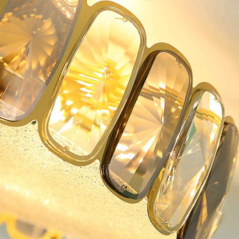 Postmodern Drum Ceiling Flush Light Fixture with Smoky and Amber Crystal, LED Flush Mount in Brass for Living Room