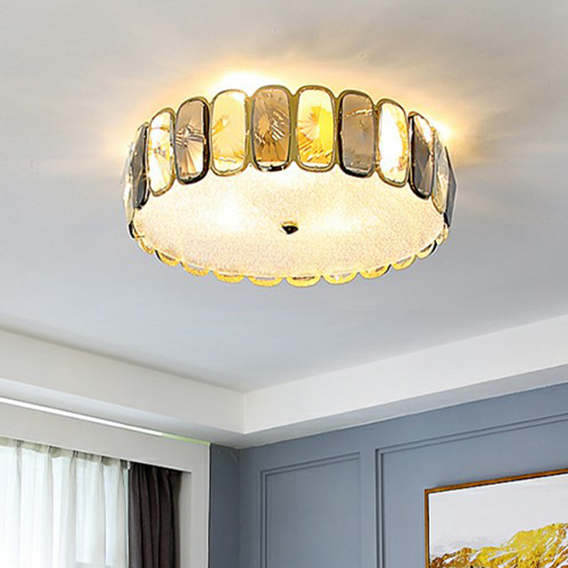 Postmodern Drum Ceiling Flush Light Fixture with Smoky and Amber Crystal, LED Flush Mount in Brass for Living Room