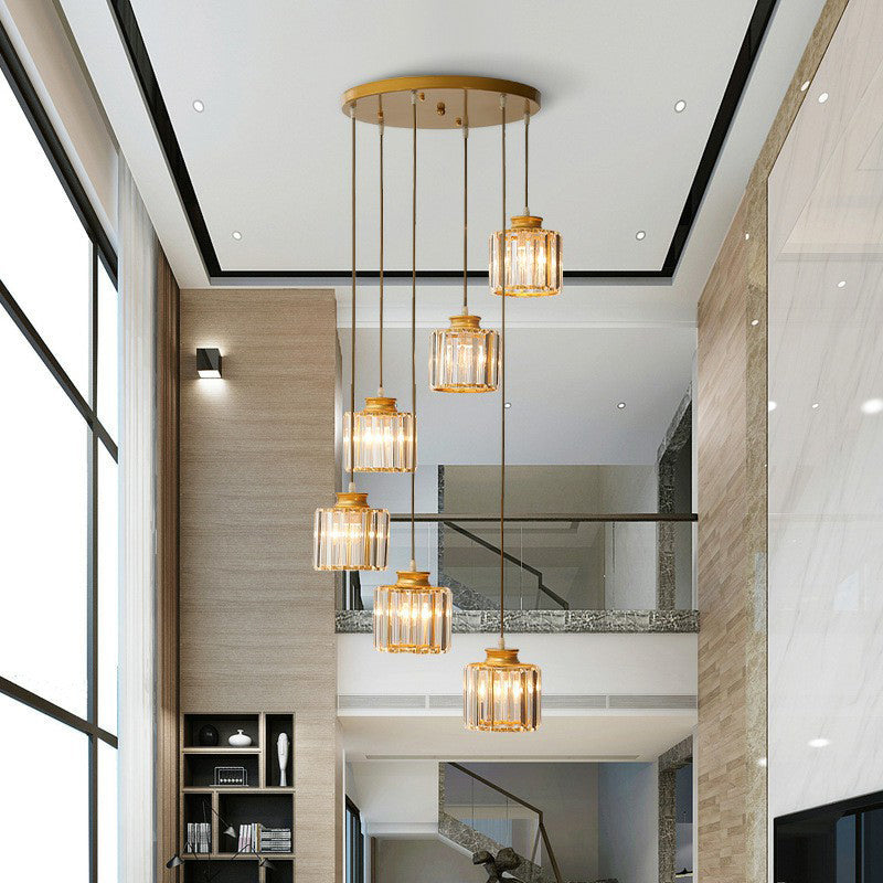 Modern Crystal Pendant Chandelier - Cylindrical Shape, Prismatic Crystals, Multi-Light Design