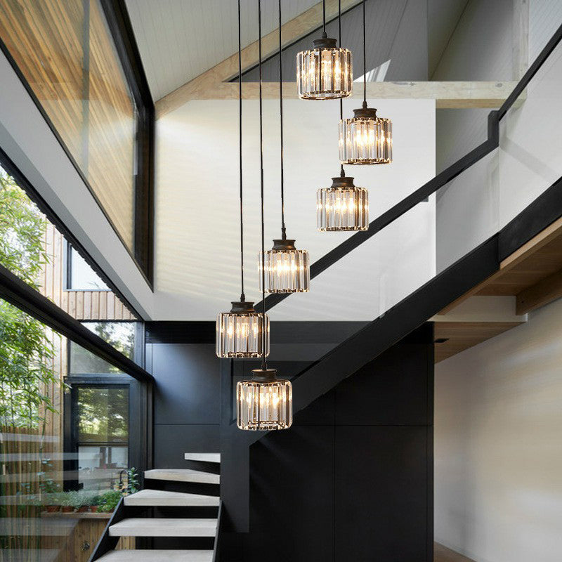 Modern Crystal Pendant Chandelier - Cylindrical Shape, Prismatic Crystals, Multi-Light Design