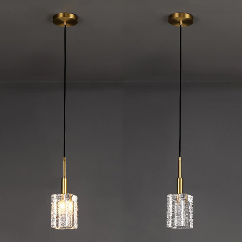 Gold Rectangular Dining Room Pendulum Light with Clear Rippled Crystal - Elegant 1-Bulb Hanging Fixture