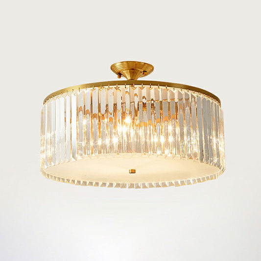 Minimalist Bedroom Sparkle: Clear Crystal Drum Semi-Flush Mount Ceiling Light with a Minimalist Design