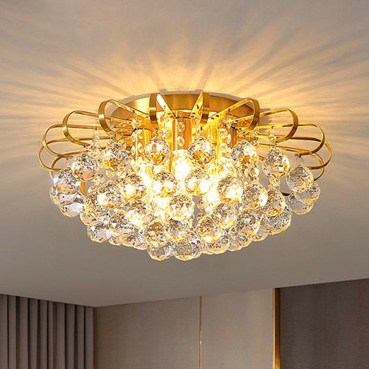 Crystal Bedroom Beauty: Post-Modern Clear Faceted Ball Flush Mount Ceiling Light with Floral Design