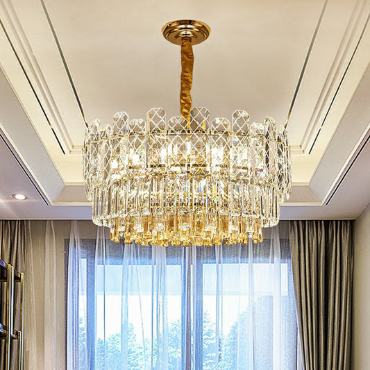 Rectangular Drum Crystal Chandelier with 9 Bulbs for Bedroom Ceiling Lighting in Clear and Simple Style