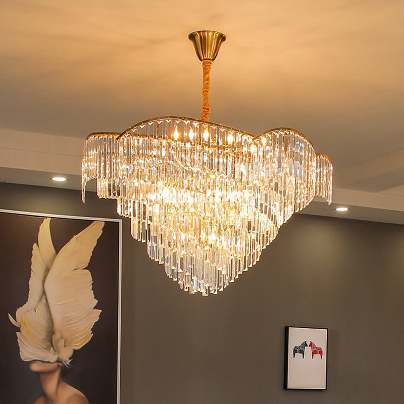 Minimalist Gold Finish Conical Crystal Chandelier For Living Room - Prismatic Suspension Light