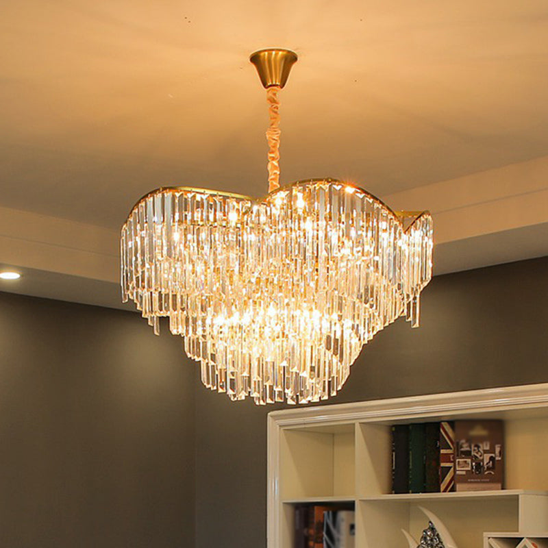 Minimalist Gold Finish Conical Crystal Chandelier For Living Room - Prismatic Suspension Light