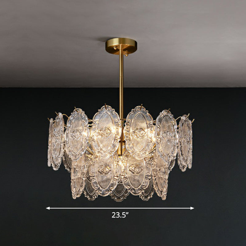Postmodern Gold Chandelier with Carved Glass Tiers for Dining Room Lighting