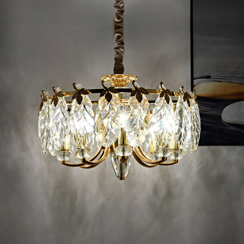 Postmodern Crystal Foliage Chandelier With 8 Gold Pendant Lights For Living Room