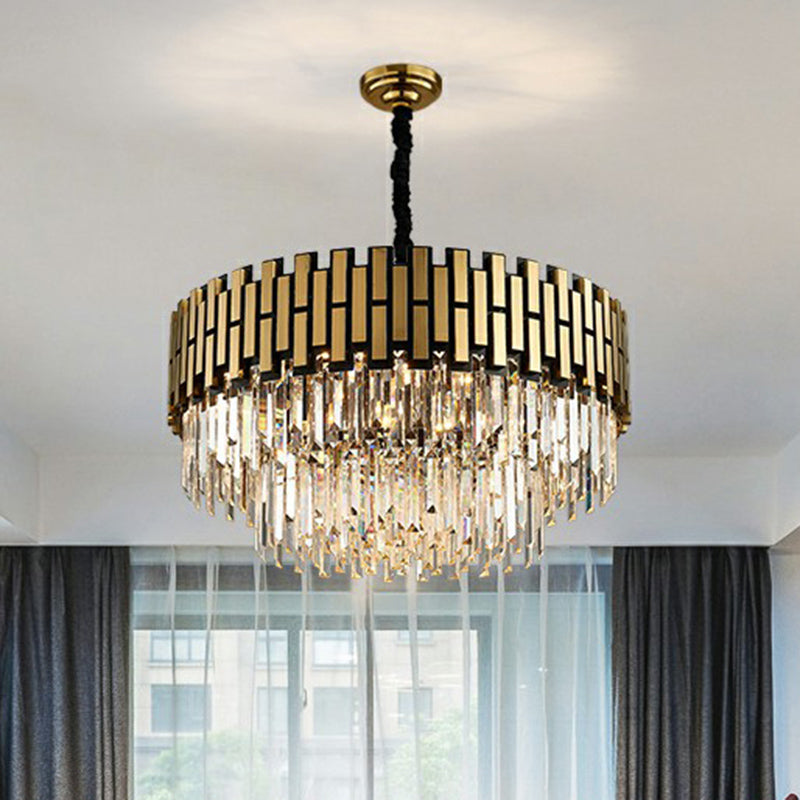 Gold Finish Crystal Rods Chandelier Pendant For Living Room - Elegant Round Hanging Ceiling Light