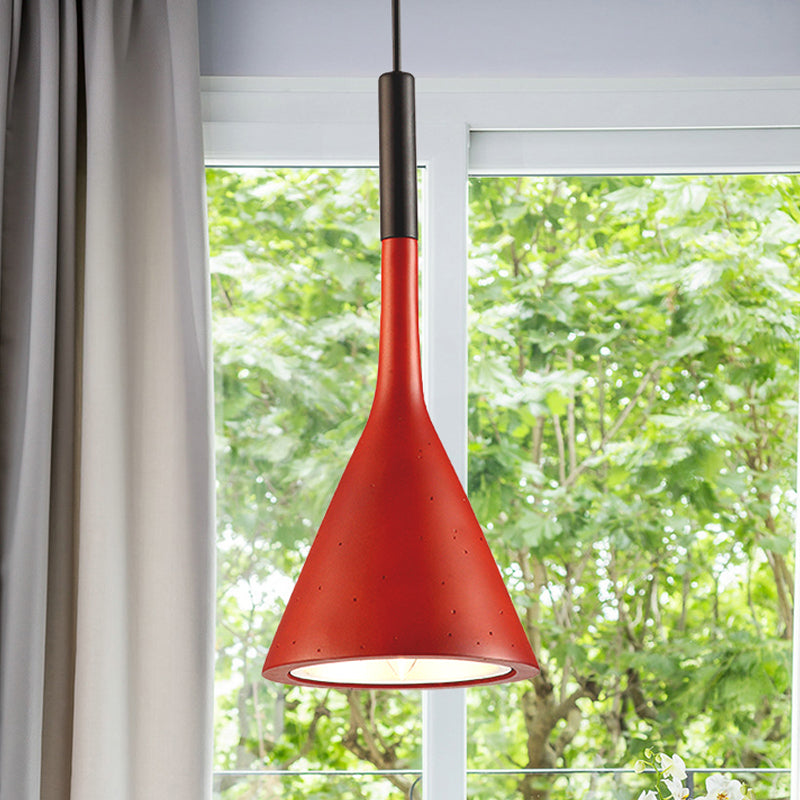 Contemporary Metallic Pendant Light For Adult Bedroom With Funnel Shade Red