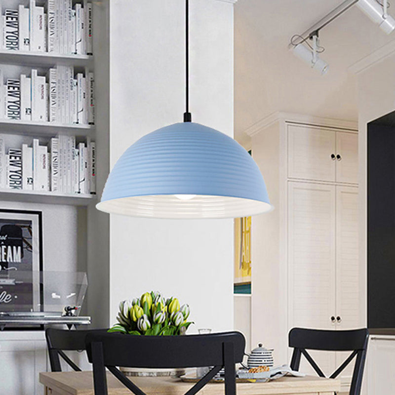 Lampe à suspension de style nordique - Lampe suspendue en forme de dôme strié en aluminium - 12"/16" W - 1 lumière - Bleu/Vert/Jaune - Collection Cafe Store