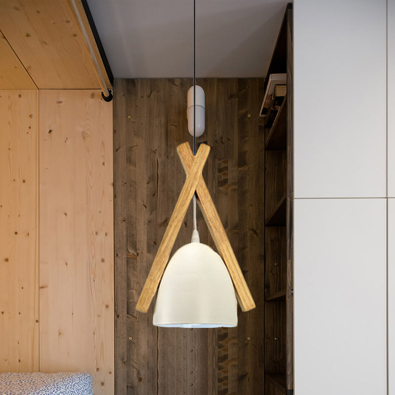 Hanging Bowl Shape Pendant Light with Linear Wood Deco - Stylish Macaron Loft Aluminum Light for Hallways