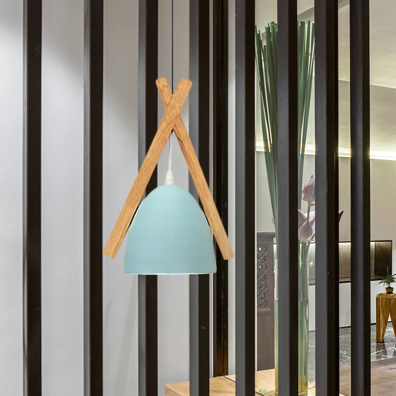 Hanging Bowl Shape Pendant Light: Linear Wood Deco Macaron Loft Aluminum Perfect For Hallway Blue