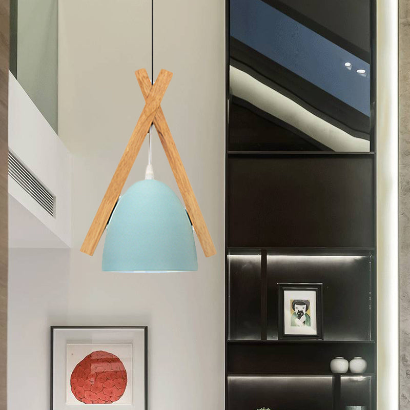 Hanging Bowl Shape Pendant Light with Linear Wood Deco - Stylish Macaron Loft Aluminum Light for Hallways