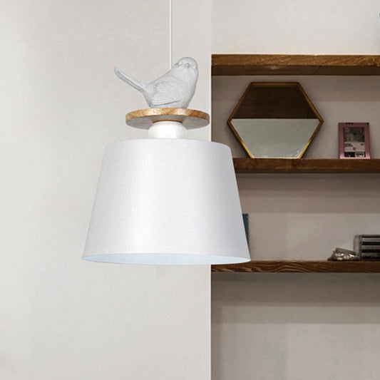 Tapered Shade Cloth Ceiling Pendant Light with Metal Finish and Pigeon Deco - 1 Head Hanging Fixture