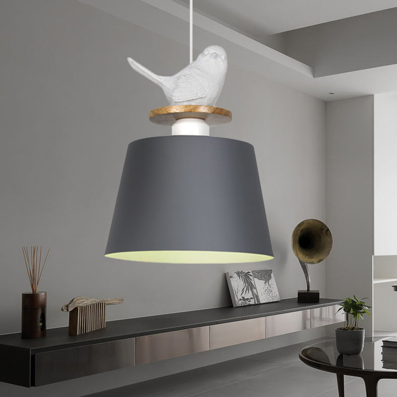 Tapered Shade Cloth Ceiling Pendant Light with Metal Finish and Pigeon Deco - 1 Head Hanging Fixture