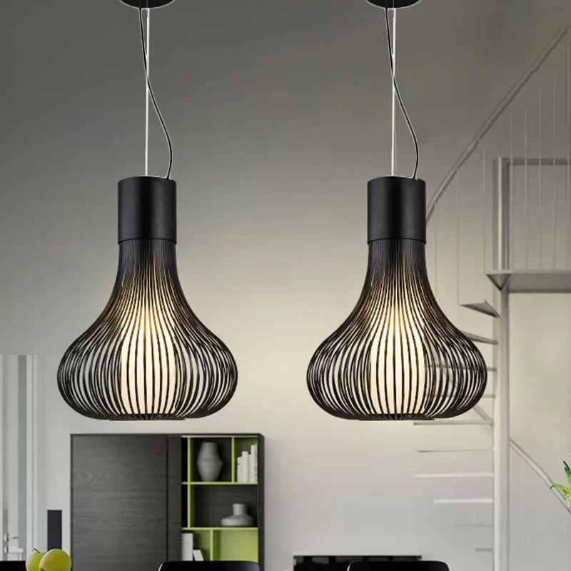 Contemporary Gourd Wire Cage Ceiling Pendant Light with Inner Cylinder Shade - 1 Light - Black/White Metal - Ideal for Dining Room