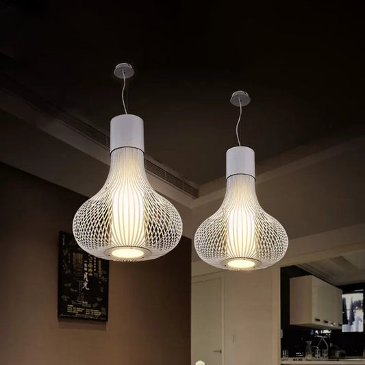 Contemporary Gourd Wire Cage Ceiling Pendant Light with Inner Cylinder Shade - 1 Light - Black/White Metal - Ideal for Dining Room